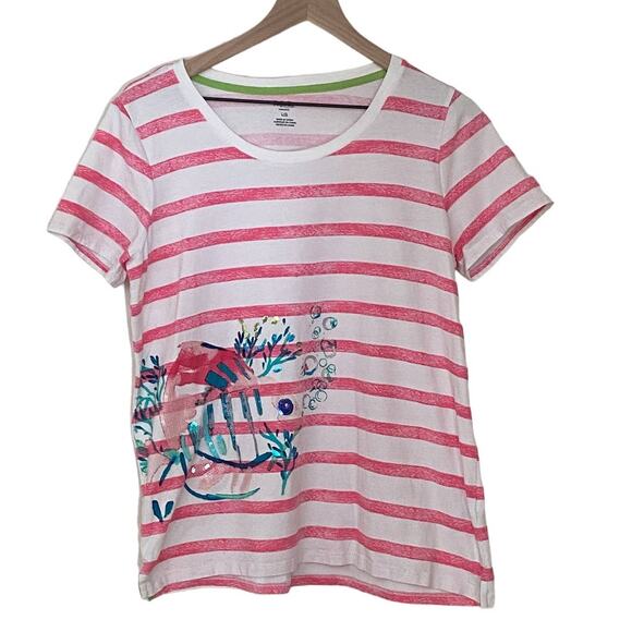 Nautical Pink White Stripes Tropical Fish Scoop Neck Blouse Woman's Size Large - Picture 7 of 7